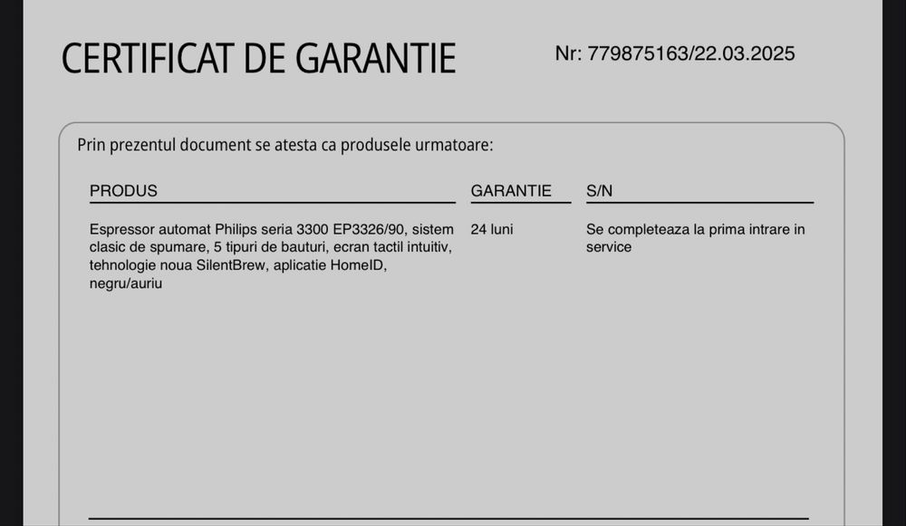 Espressor automat Philips 3300 garantie