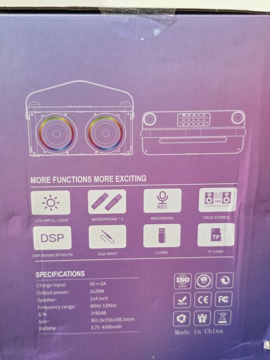 Boxa portabila karaoke cu bluetooth, 2 microfoane wireless incluse, lumini LED RGB, functie karaoke, sistem audio pentru petreceri si evenimente, NOUA