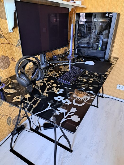 Birou art deco din sticla masiva cu motive florale