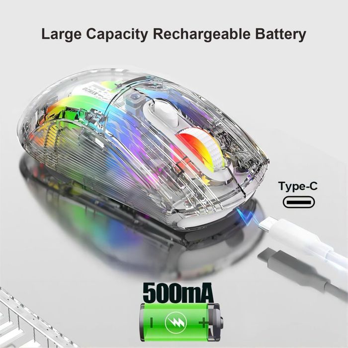 Mouse Gaming Wireless Transparent RGB, 500 mAh, Bluetooth, 2.4 GHz, USB-C