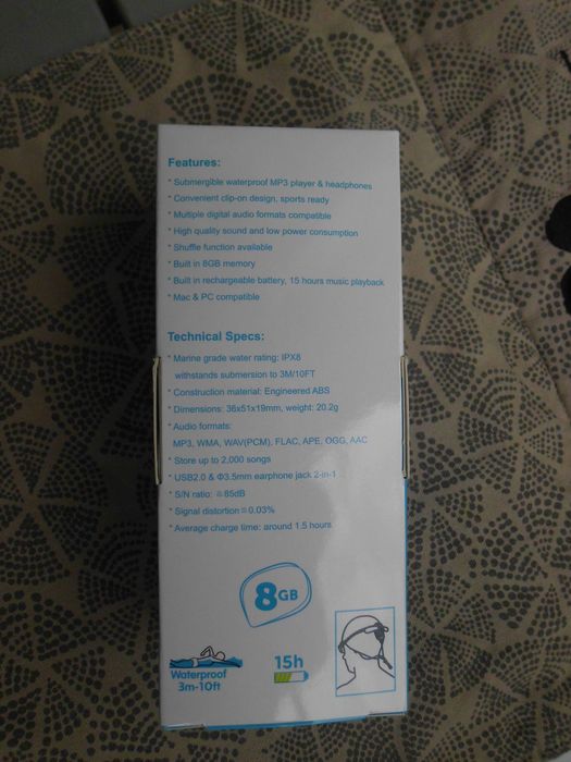 SEWOBYE - Водоустойчив MP3 плеър, 8Gb, до 16 часа плейване