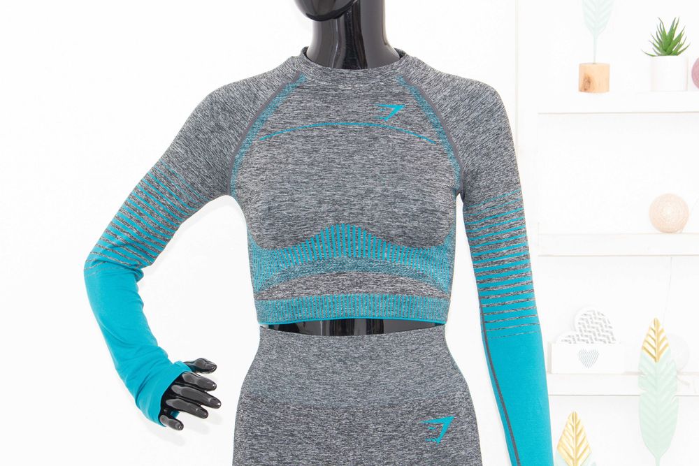 Gymshark комплект топ и клин висока талия синьо сиво преливащо XS-S