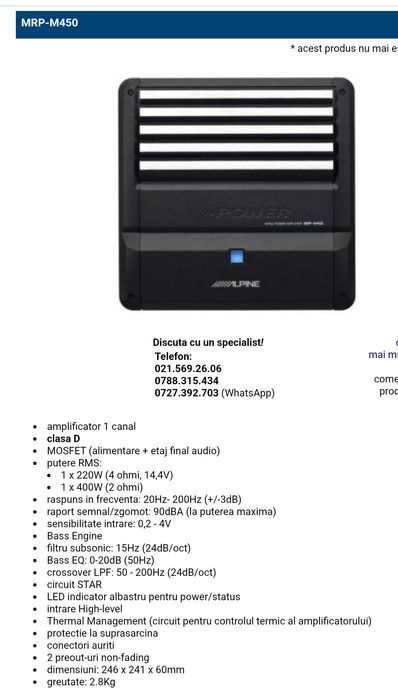 amplificator statie subwoofer auto 400 wati la 2 ohm si 220 wati la 4 ohm