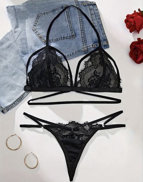 Комплект бельо, черно бельо, дантелено бельо