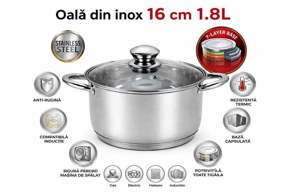 Oala inox Swiss Z Line 16 cm cu capac sticla 1.8 L