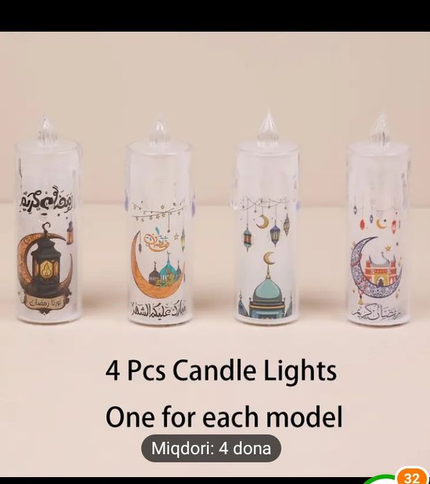 4 dona LED Ramazon Sham Chiroqlari - Batareyka Bilan Ishlaydigan,