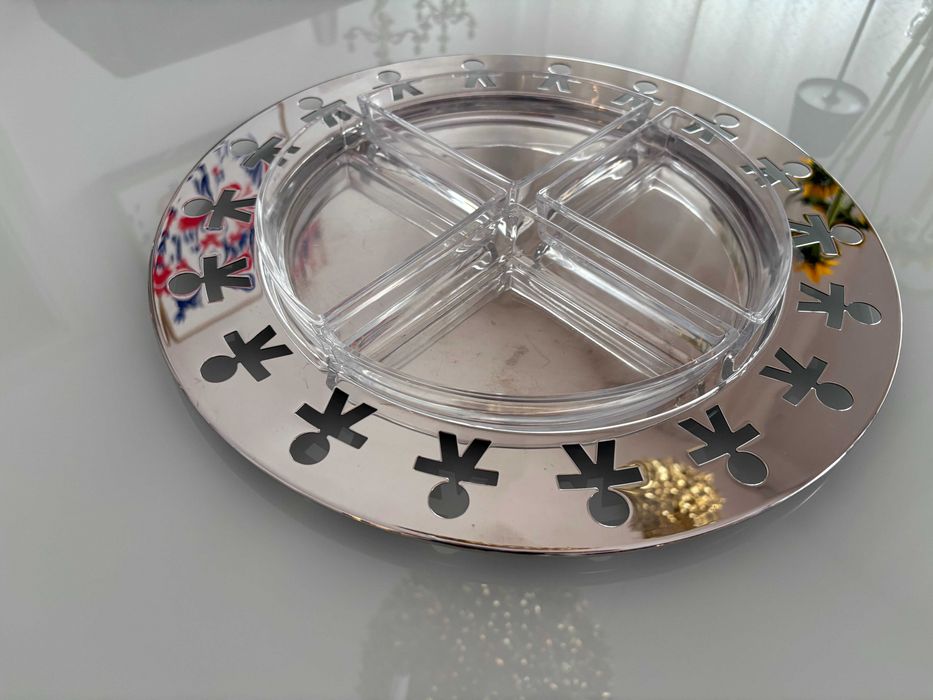 Alessi Italia tava de servire din inox cu 4 recipiente din cristal pentru aperitive model rar