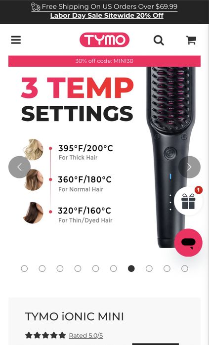 Perie indreptat parul,portabil, Tymo Ionic Mini, ionic,invelis ceramic