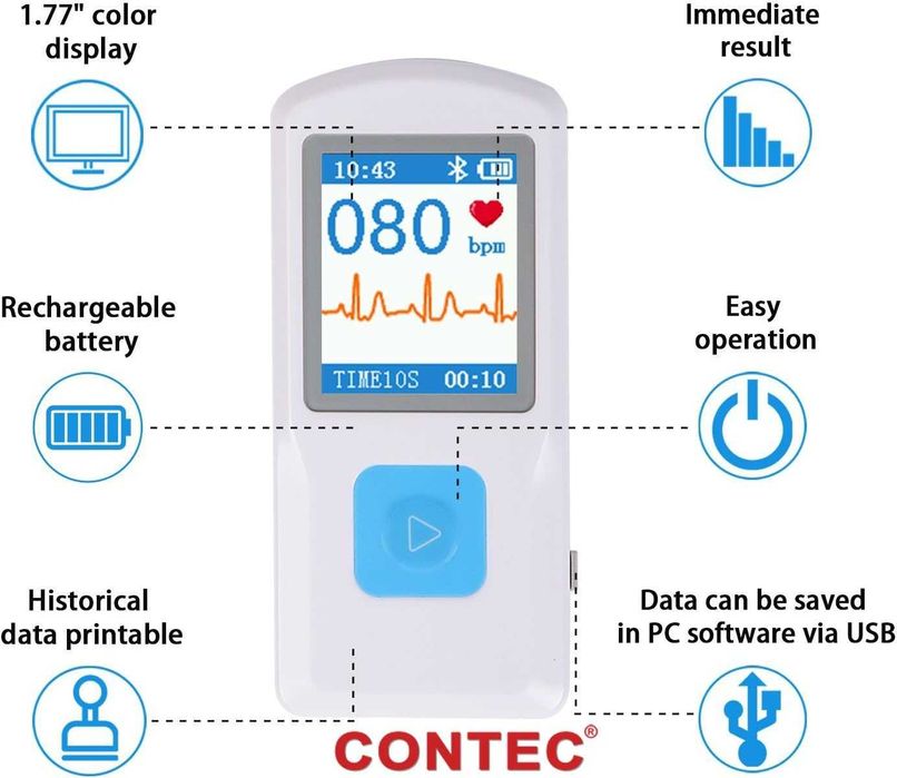 Преносим ЕКГ/ЕКГ монитор CONTEC с компютърен софтуер, електрокардиограма, Bluetooth, пулсомер