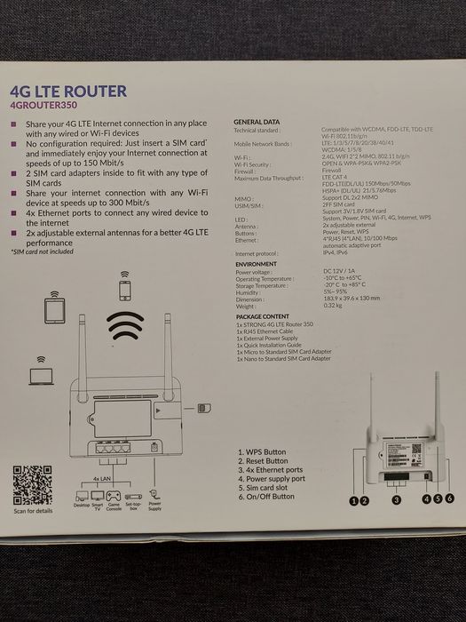 4G LTE рутер Strong 350, 300Mbps, 4xLAN, 2 външни антени