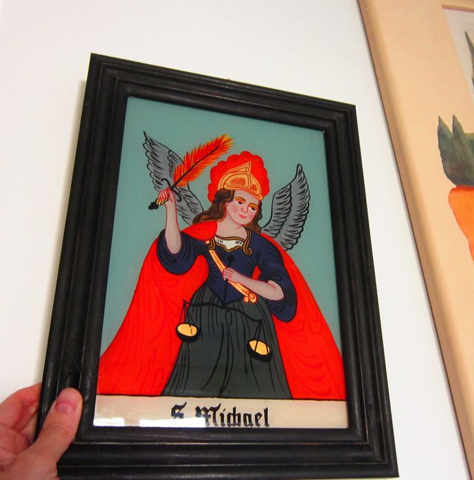 cadou rar tablou pictat pe sticla Sfantul Mihail +Flori, semnate