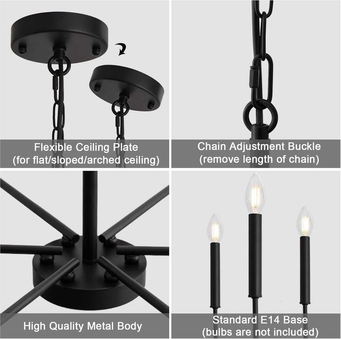 Candelabru modern, Wtuoing, lustra 6 brate, E14, negru