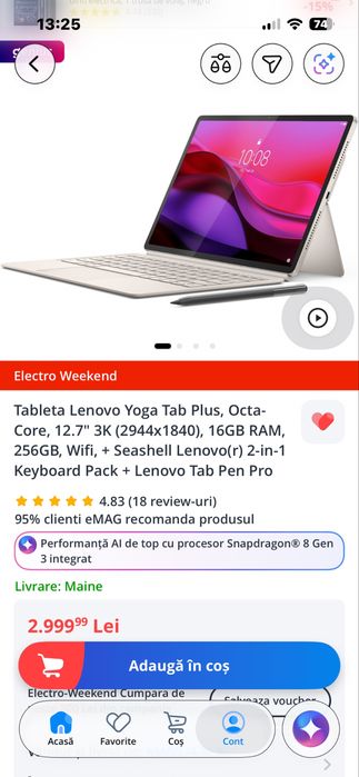 Tableta Lenovo Yoga Tab Plus, Octa-Core, 12.7" 3K (2944x1840), 16GB RAM, 256GB, Wifi, + Seashell Lenovo(r) 2-in-1 Keyboard Pack + Lenovo Tab Pen Pro