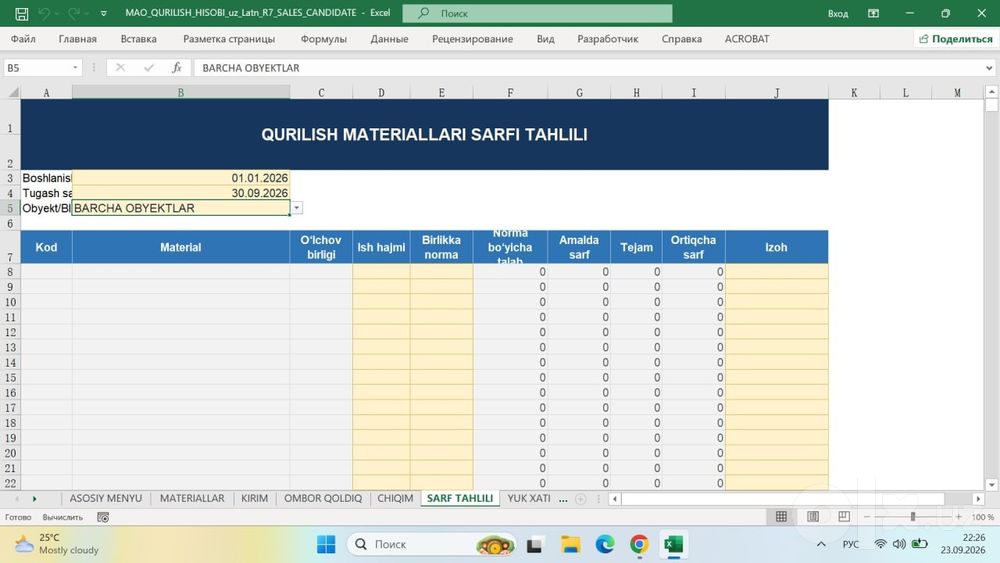 М29 MAO QURILISH HISOBI — Excel dasturida