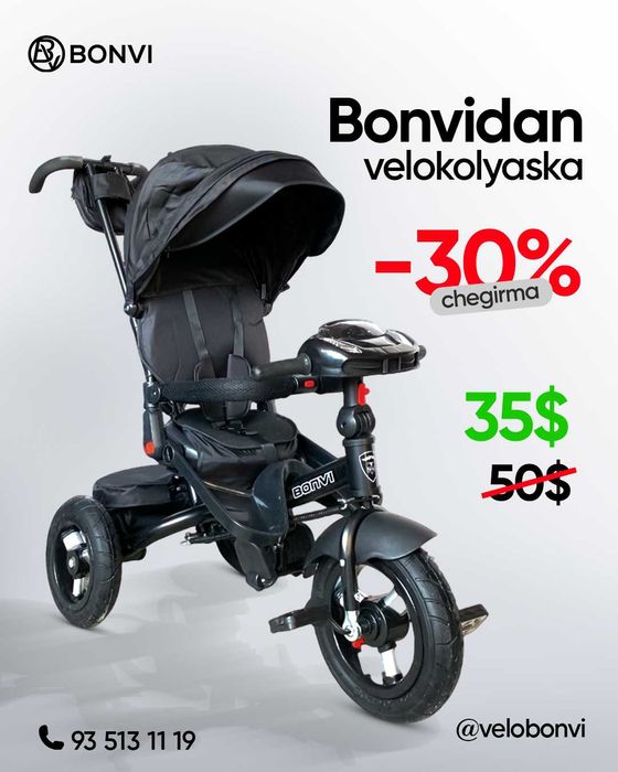 BONVI velo-kolyaska 1–4 yosh | –30% chegirma | Yangi