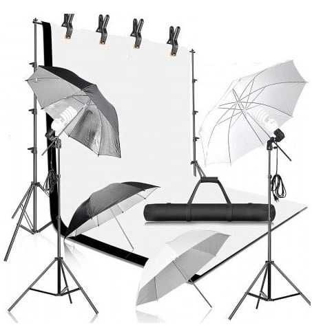 Kit studio foto video, 2x lumini 45W, suport fundal 2x3m, 2 panze