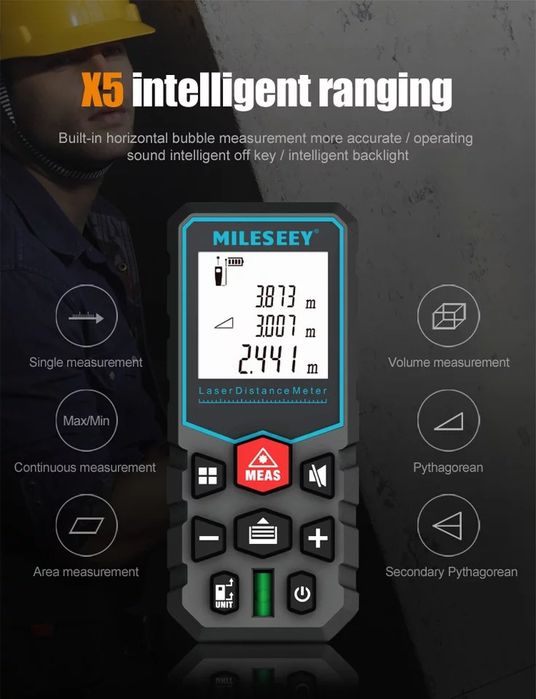 Лазерна ролетка MiLESEEY X 5, измерване до 40 метра, червен лазер