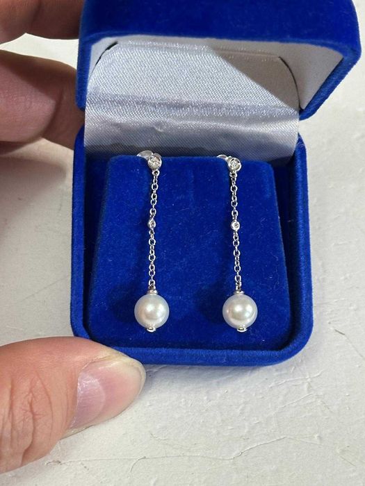 CERCEI AUR alb 18K + 4 Diamante = 0.16ct + 2 Perle - Lungi - Deosebiti