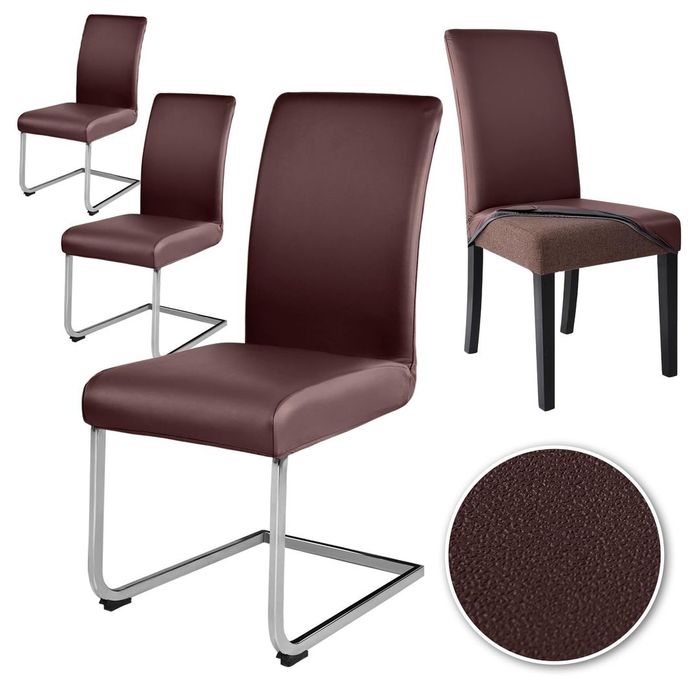 Huse extensibile pentru scaune PU set 4 imitatie piele elastic impermeabil lavabil – Cafea