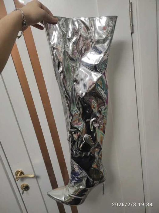 Cizme peste genunchi, extra lungi argintii