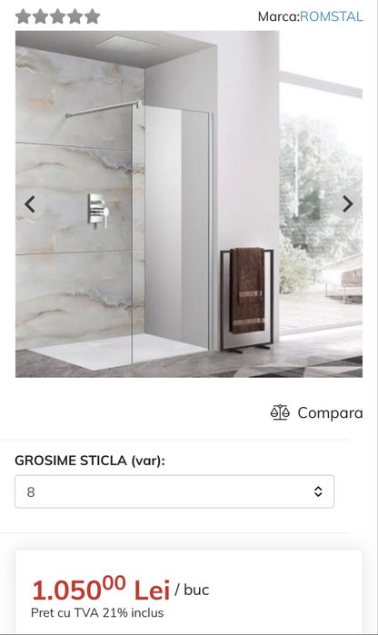 Perete dus walkin, Romstal, Altea, sticla securizata 8 mm, transparenta,anticalcar, profil crom, 100x190 cm  NOU
