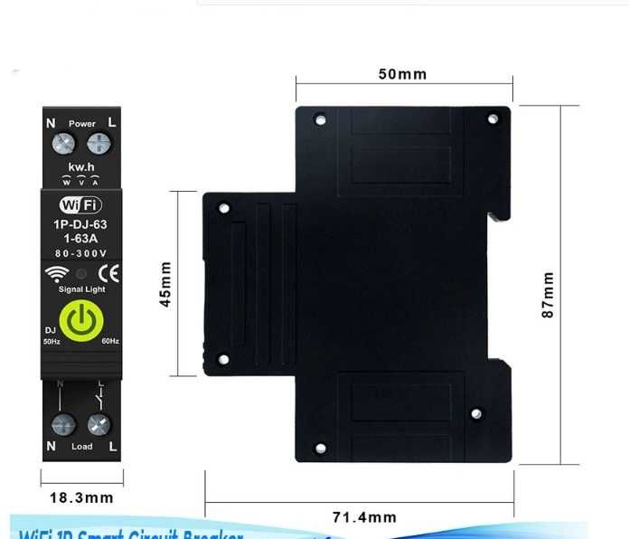 Tuya Wi-Fi предпазител бушон,  63A за DIN шина, електромер, защити