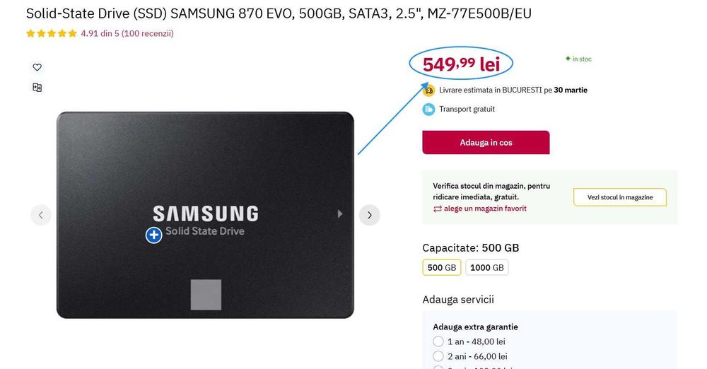 (SSD) SAMSUNG 870 EVO, 500GB, SATA III, 2.5" (Super Ofertă).