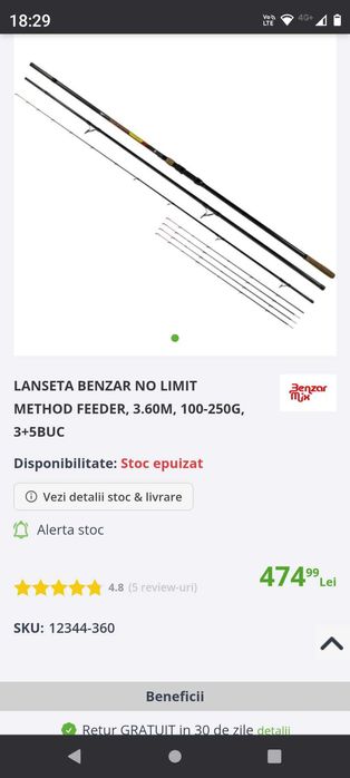 Lansete Benzar No Limit Method Feeder, 3,6 - 3.90m, 100-250g, 3+5buc