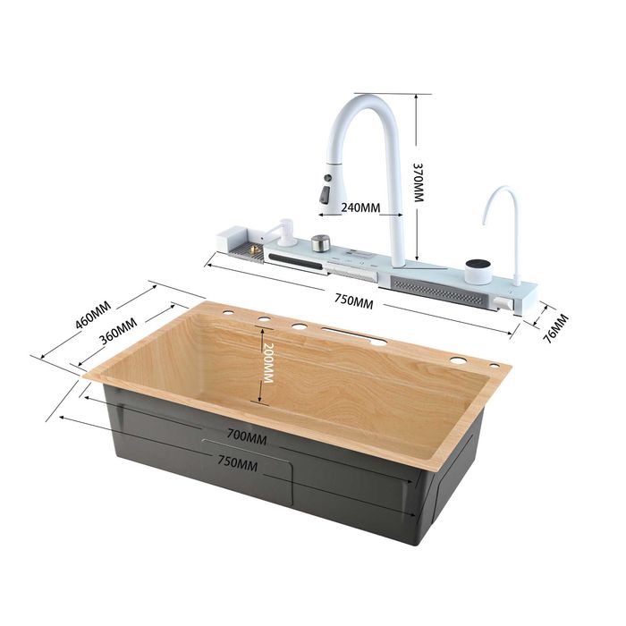 Дъб натур - Мултифункционална кухненска мивка с двоен водопад