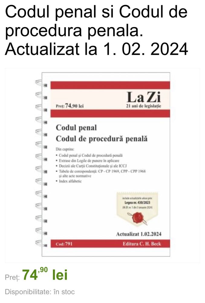 Cod penal si Cod Procedura penalaactualizat 01.02.2024 Bucuresti