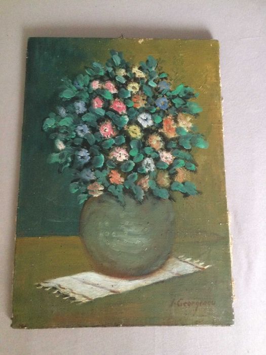 Pictura an ulei pe panza semnat vechi bibelouri bibelou