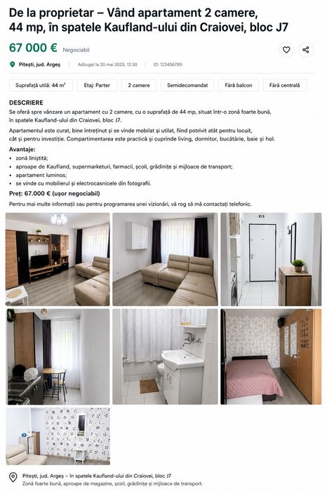 Apartament 2 camere, 44 mp ,Craiovei  spatele  Kaufland  / Proprietar