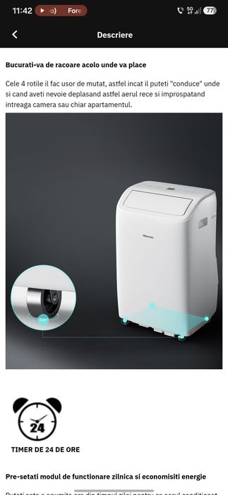 Aer conditionat portabil HISENSE APC12QC, 12000 BTU, A, Wi-Fi, Functie Dezumidificare, kit instalare inclus, alb