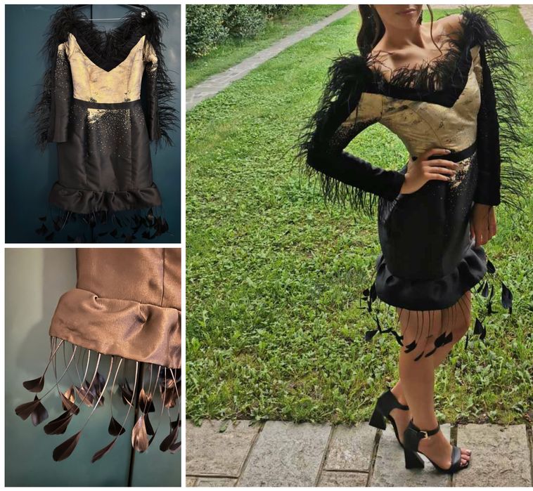 Официална черна рокля с пера