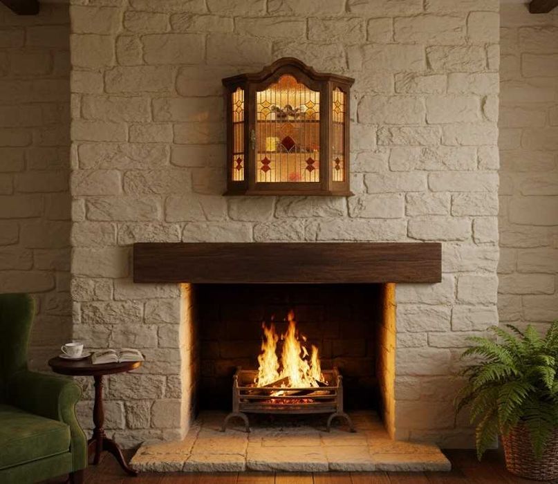 Уникална стенна витрина с ръчно изработен витраж и осветление