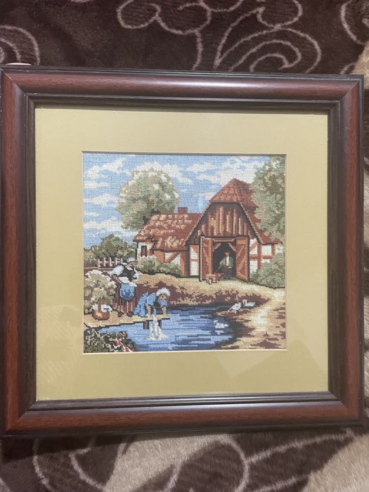 Goblen cusut manual – Peisaj rustic, casă la țară