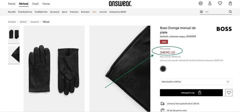 Mănuși din piele "BOSS" Orange barbati,culoarea negru,(Super Ofertă).