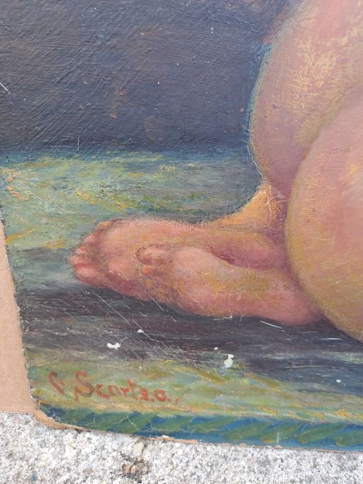 tablou vechi nud pictura pe pfl 46/53 cm semnat C Scortea