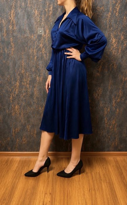 Rochie Vintage Lirelle Albastru Cobalt Midi | Guler Cămașă | Mâneci Bufante | M