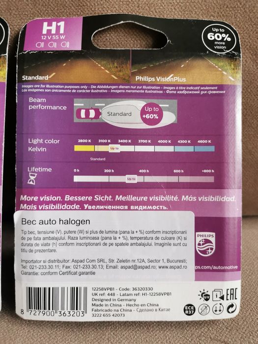Bec auto cu halogen pentru far Philips H1 Vision Plus, +60%, 12V, 55W