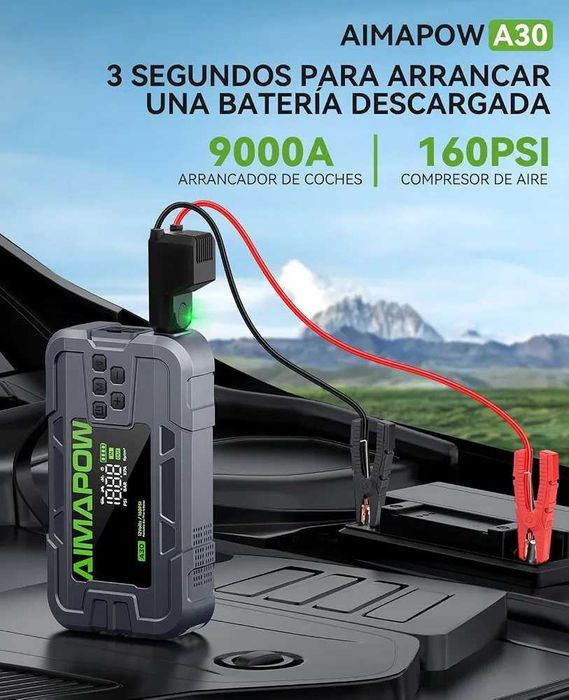 Чисто нов запечатан в целофан стартер за кола AIMAPOW A30 9000A / 2220mAh / 26.64Wh с компресор 160 PSI и фенерче, джъмп стартер