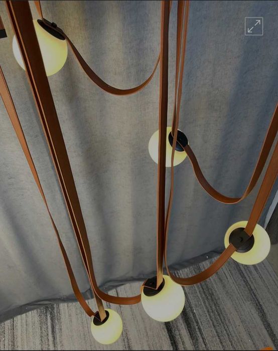 Дизайнерски полилей с кожени ремъци и стъклени сфери – нов, 5 топки