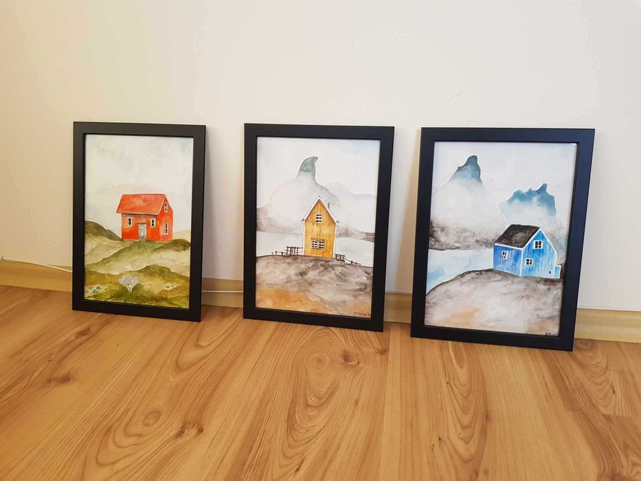 Нова картина с рамка ръчно рисувана акварел червена планинска къща