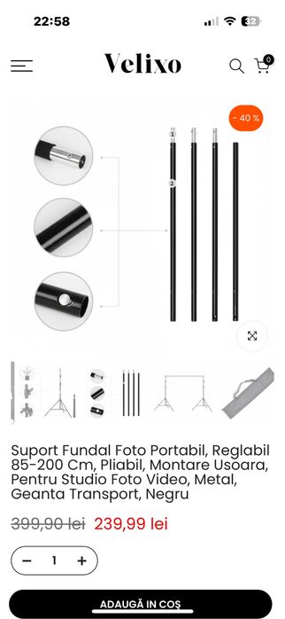Set suport fundal pt studio, nou sigilat, trepiede+traversa+cleme+husa.