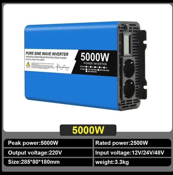 Invertor Easun, 12V sau 24V, 4000W, 5000W Sinus pur ,Albastru