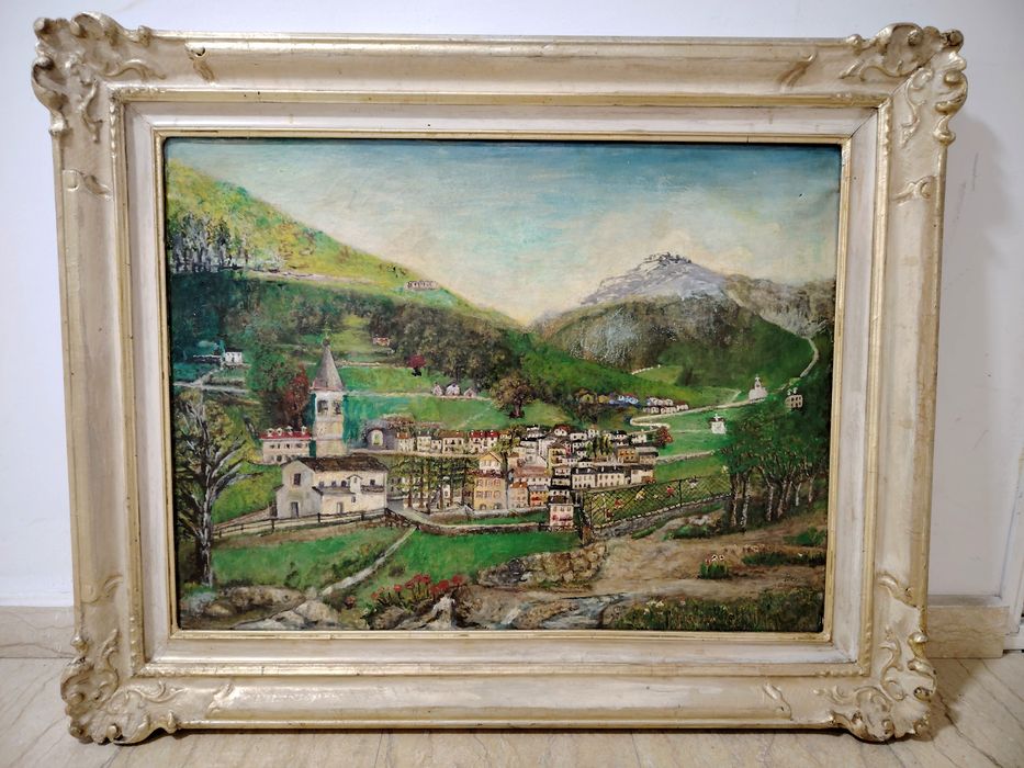 Ulei pe pânză,dimensiuni mari încadrat într-o ramă stil Baroc, reprezentând un peisaj pitoresc de munte cu o așezare. 
Tip obiect: Pictură artistică d