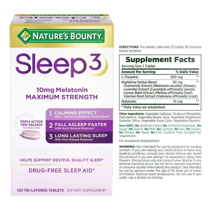 Nature's Bounty® Sleep 3 — это снотворное средство тройного действия,