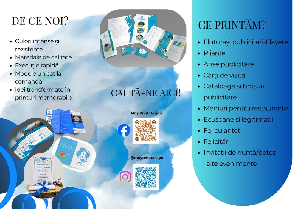 Pliante, carti de vizita, flayere, postere A4, invitatii evenimente