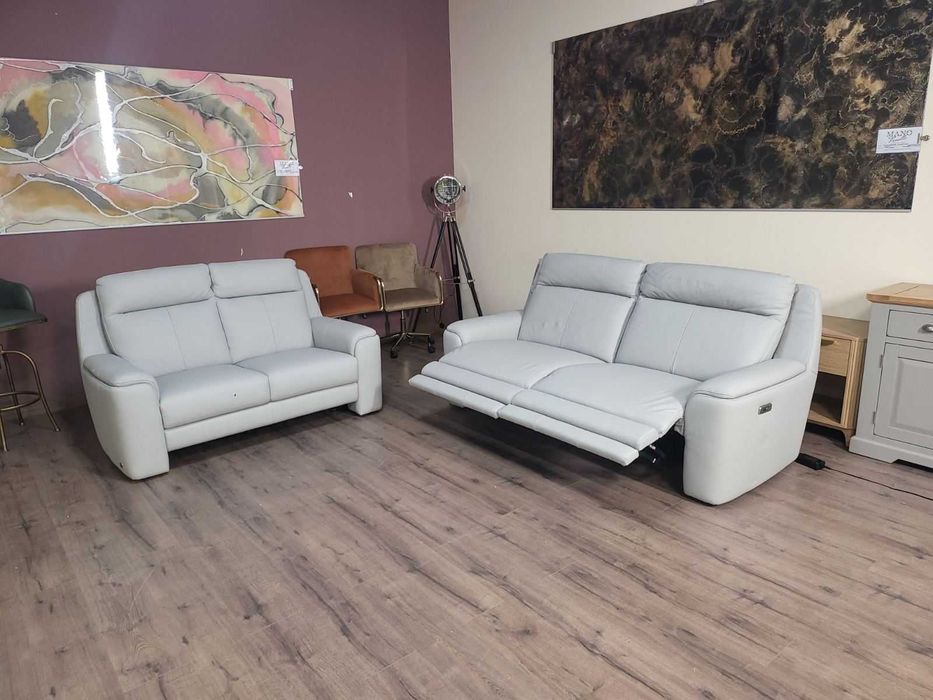 Италиански сив кожен комплект дивани тройка и двойка с ел. релакс