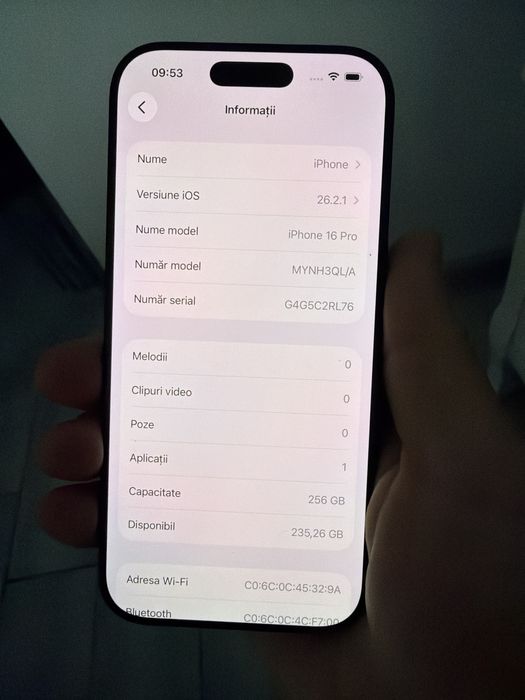 iphone 16 pro black titanium 256gb impecabil, baterie 100%